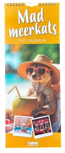 2027 12 Month Slim Calendar Wall Hanging with Gift Envelope - Funny Animals (Mad Meerkats 5072)