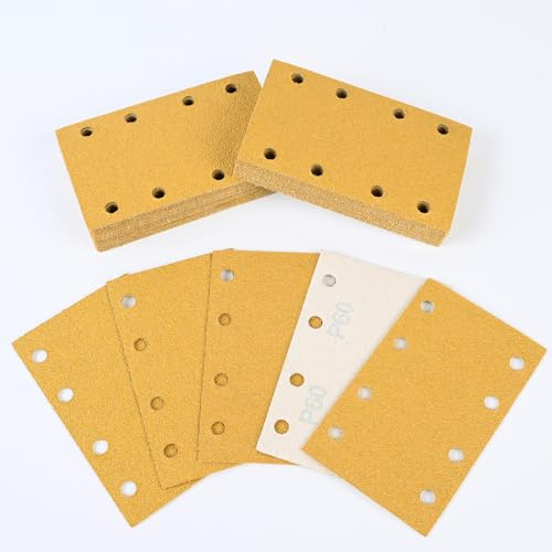 Sruhrak Papel de Lija 80x133mm 8 Agujeros, 40 Hojas de Lija P60, Almohadillas de Lijado Más Fuertes para Lijadora Orbital en Madera, Metal, Barniz, Plástico | Sruhrak Papel de lija 80 x 133 mm, juego de 50 unidades de discos abrasivos más fuertes, grano 60, para lijadora orbital