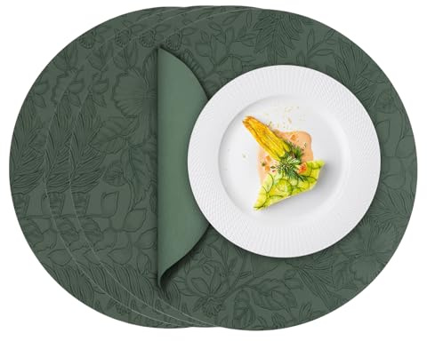 ToVioc Tovagliette Americane Lavabili Rotonde Pelle, Sottopiatti Rotondi Eleganti per Cucina, Ristorante & Ufficio, Tovaglietta Americana in Design Floreale (34 cm Ø, Set di 4) - Verde