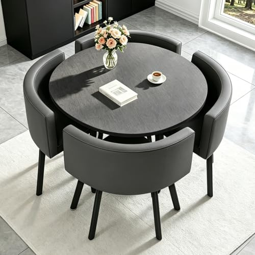 AMZSEW Essgruppe 5-Teilig, Küchenstühle Runder Esstisch und 4 Kunstleder Esszimmerstühle, Küchentisch esszimmertisch 80 cm, für 4-6 Personen, für Esszimmer, Küche, Wohnzimmer, Modern (Round Gray)