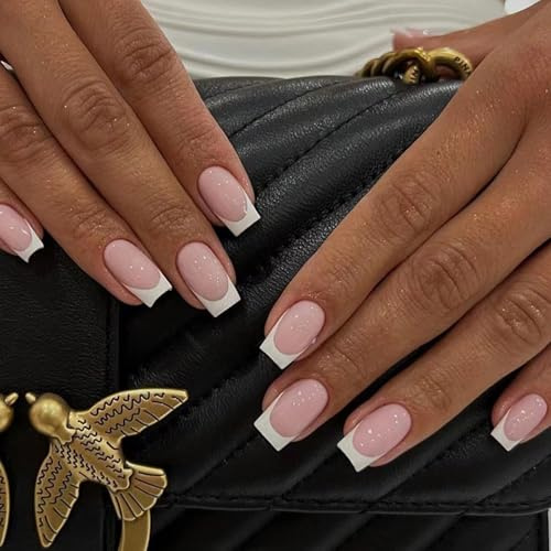 French Tip False Nails - 24PCS Short Press On Nails - Full Cover Square Nude Pink Fake Nails with Glue - Reusable Acrylic French Stick on Nails - Reusable Glue-on Nail for DIY Nails Art