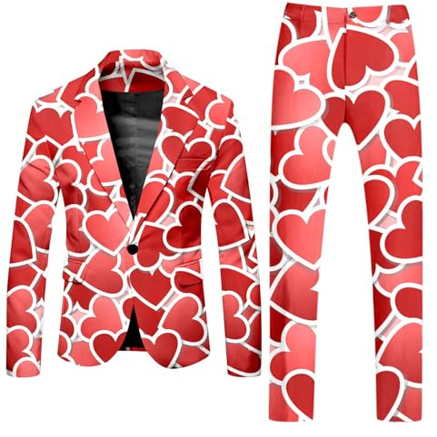 Generisch San Valentino, blazer, costume da festa, da uomo, in 2 pezzi, con stampa a cuore, con stampa, blazer con pantaloni, slim fit, giacca elegante da notte, Colore: rosso, L