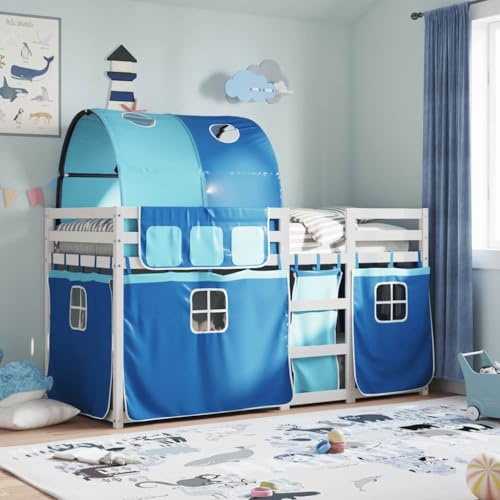 Yunovire Etagenbett Kinderbett 80x200 cm, Massivholz Kiefer Weiß mit Blauem Vorhang Set, Robustes Bettgestell für Kinderzimmer, Spielbett mit Leiter, Modernes Schlafzimmermöbel