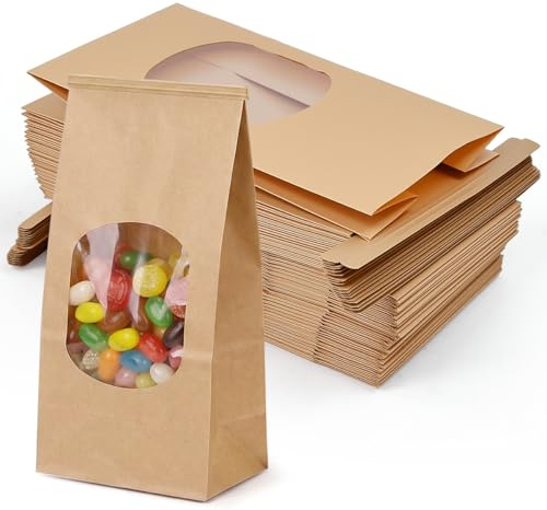 ZXBBTZ 50 Stück Kraftpapier Tüten mit Sichtfenster 17x9x6 cm Braune Papiertüten Klein für Kekse Gewürze Nüsse Ölbeständig Kraftbeutel mit Fenster Plätzchentüten Standbeutel Papierbeutel für Hochzeit