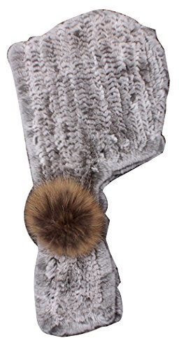 BeFur Neue Echte Rex Kaninchen Fellmütze Fell Schal Kapuze Kapuzenschal Plüschmütze Wintermütze mit großen Waschbär Kugel - color 9
