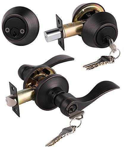 1 Pack Front/Exterior Door Lever Lockset with Double Cylinder Deadbolt Combination Locksets, Oil Rubbed Bronze Keyed Alike Entry Door Handles with Same Key