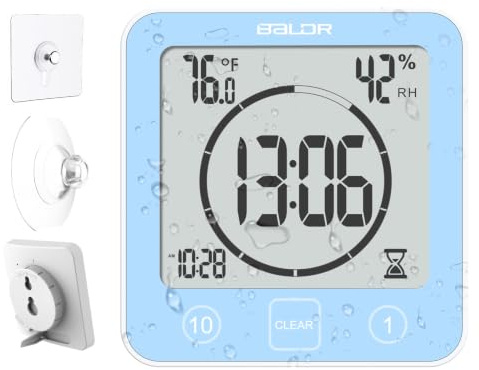 Baldr Shower Clock Waterproof Bathroom Clock with Timer/Temperature/Humidity, Digital Timers for Kids and Adults, Bath Kitchen Study, Blue
