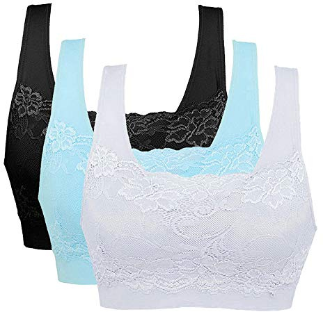 Vertvie Womens Strech Ohne Buegel Push up Yoga Sports BH Bra Top Set Fuer Fitnesstraining Polsterung 3er Pack (EU M/Tag L, Schwarz + Weiß + Blau)