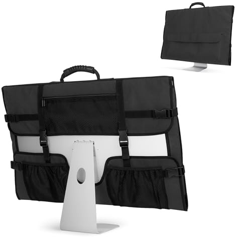 CURMIO Sac de Transport pour Ordinateur de Bureau iMac Apple 27 , Noir | Housse de Protection Moniteur, Boucles Réglables, Poche Accessoires, Poignée en Caoutchouc, pour Écran iMac 27 & Accessoires