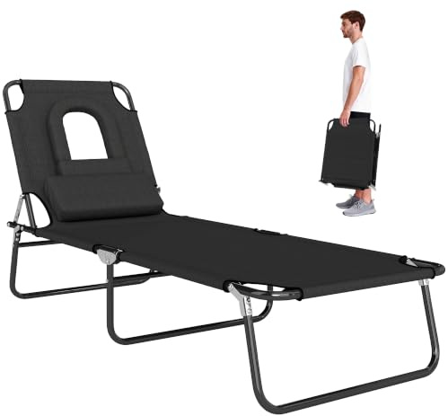 Outsunny Bain de Soleil Pliable Transat Inclinable 4 Positions Noir | Chaise Longue, 3 Coussins Fournis, pour Jardin, Extérieur