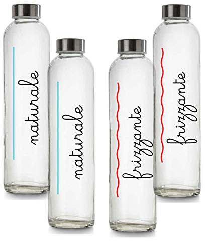 BrandPrint Set di 4 Bottiglie in Vetro Modello Eos da 750 ml, serigrafate, con Tappo a Vite in Acciaio Inox. Per Bevande e Succhi (2 Naturali e 2 Frizzanti)