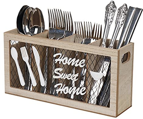 Optyuwah Cutlery Holder Organiser Wooden Kitchen Utensils Holder Cutlery Organiser Caddy, Cutlery Drainer Flatware Tableware Holder with 4 Compartments for Forks, Knives, Spoons, Chopstick