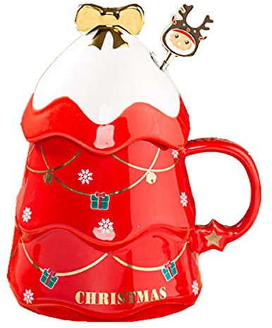 Tasse im Weihnachtsbaum-Design, Kaffeetasse aus Keramik mit Deckel mit Elchlöffel, Milchtasse und Teetasse (red)