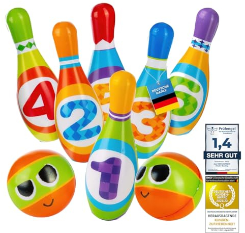 all Kids United® Kegelspiel für Kinder Bowling-Set XXL mit 6 weichen PU Kegeln und 2 Bällen; Pädagogisches Lern-Spielzeug für Drinnen & Draußen aus Schaumstoff (6er Set)