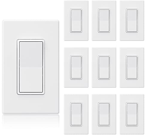 ELEGRP Matte White Single Pole Decorator Light Switch 15Amp, 120-277V, Paddle Rocker Replacement, On/Off Wall Switch, Self-Grounding, Residential Grade, w/Wall Plate, UL/CUL (10 Pack)