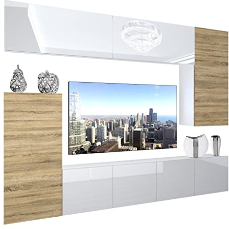 BELINI Wohnwand Wohnzimmer-Set Vollausstattung Moderne Schrankwand mit LED-Beleuchtung Anbauwand TV-Schrank Weiß/Sonoma Eiche