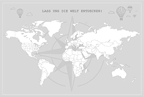 LANA KK - Weltkarte für Kinder zum ausmalen – Leinwandbild als Pinnwand, auf 2 cm Echtholz-Keilrahmen gespannt, natürliche Baumwoll-Leinwand, grau Erde, Welt, Globus in 100 x 70 cm