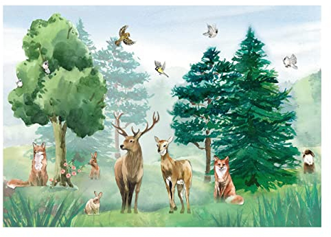 Vlies Fototapete Wald Tiere Wie Gemalt Waldtiere Kinderzimmer Mädchen Kinder Kindertapete Wandtapete Vlies Tapete UV-Beständig Montagefertig (416x254 cm - 4 Bahnen)