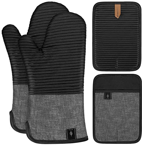 BONTHEE Topflappen Set Ofenhandschuhe Extra Lang Topfhandschuhe mit Anti-Rutsch Silikon Gestreift kochhandschuhe für Kochen Backen - 4er Set - Schwarz