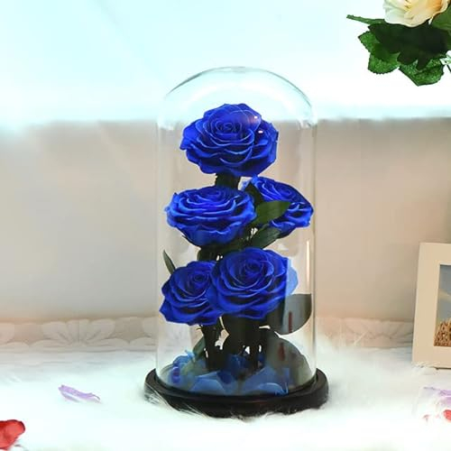 ZEYRU Eternal Preserved Roses In Glass Dome 5 Flower Heads Rose Forever Love Wedding Favor for Women Girlfriends-5 Heads Blue Rose