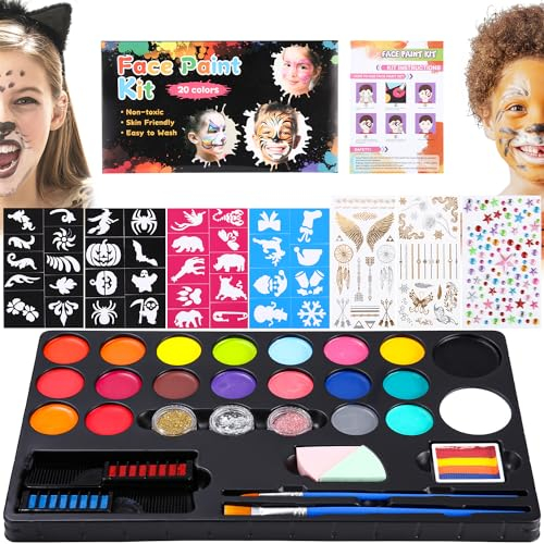 Truccabimbi 32 PCS Truccabimbi Kit Anallergici Atossici 20 Colori Trucchi Bambini Con Glitter Spugnette Stencil Pennelli Trucco Per Compleanni, Carnevali, Eventi Scolastici, Feste in Maschera