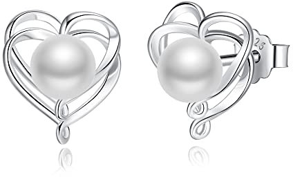 FANCIME Perlen Ohrringe 925 Sterling Silber Herz Ohrringe mit echten Qualität 6-6.5mm Süßwasser Zuchtperlen Feiner Perlen Schmuck für Frauen