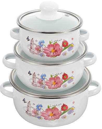 Mini Pentola da Cucina 3 Pezzi in Smalto, Doppio Manico | Fondo Piatto, Bianco Motivo Floreale, Facile da Pulire, Resistente alle Alte Temperature, Uso Domestico Stile Casuale
