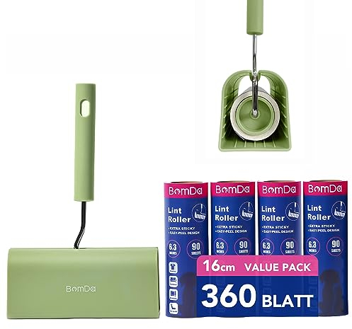 BomDa Extra Klebrig Große Fusselrolle für Kleidung, Sofa, Bett und Teppich - Fusselroller für Tierhaare, Katzenhaare, Hundehaare Staub & Fussel, 16cm (1 Fusselrolle + 360 Blätter)