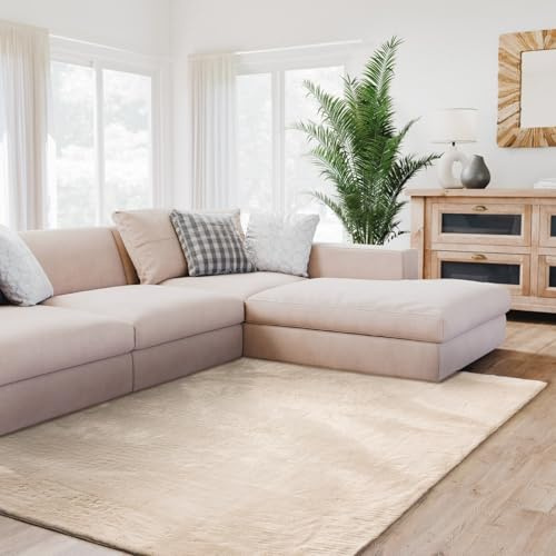 Interiyou Tapis Salon Fargo à Poils Ras - 140x200 Beige - Fausse Fourrure Douce - Lavable et antidérapant - Texture Moelleuse - pour Chambre, Bureau, Couloir