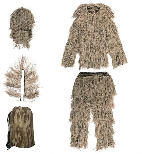 HAZARA 5-Teilige 3D Ghillie Suit Camouflage Jagdbekleidung Tarnanzug Einschließlich Jacke,Hose,Kapuze,Tragetasche Tarnzelt Fotografie für Paintball, Halloween-Kostüm,DryGrass-Adults