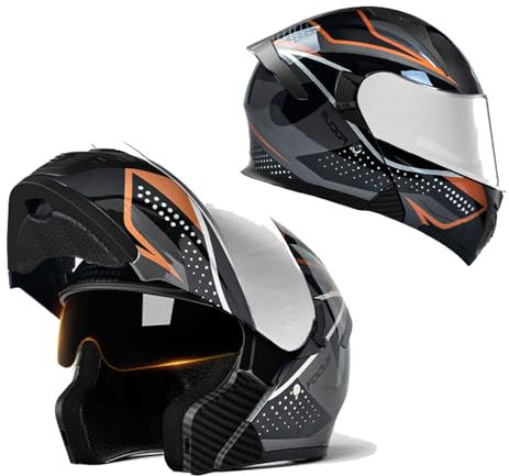 RYDZCLH Modulare Motorradhelme Für Damen Und Herren, Integralhelm, Hochklappbar, Für Straßenmotorräder, Mit Doppelvisier Und Mehreren Belüftungsöffnungen,Orange,M 55~60cm