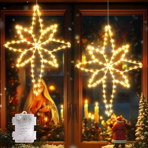 Quntis 2 Stück Weihnachtssterne faltbar, 58cm große Stern 236 LED Fensterdeko mit Batterie Timer Haken, IP44 Weihnachtsdeko Innen Außen Warmweiß, Metall Weihnachtsbeleuchtung Outdoor Fenster Tür Wand