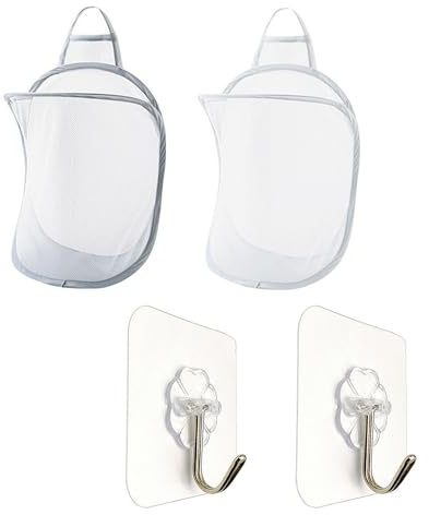 2 sacchetti a rete per vestiti sporchi, 2 ganci, cestino pieghevole da appendere a parete, cestino a rete traspirante per biancheria sporca, cestino a rete per biancheria sporca
