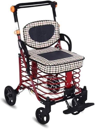 Yoeoefuo Gehhilfe Für Senioren Gehwagen Faltbar Und Leicht Mit Sitz Stabilitätsrollator Warenkorb Mit Bremsen Stabiler Rollator Vier-Rad-Rollator Einkaufswagen Für Erwachsene Mobilitätshilfe