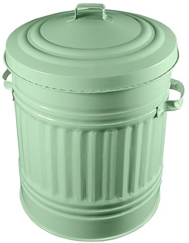 KetoPlastics Sage Green Metal Bin with Dustbin Lid Strong Steel 30L Bin Ideal for the Home, Kitchen Rubbish, Waste, Outdoor/Indoor, Animal Feed, Pet Food - 30L