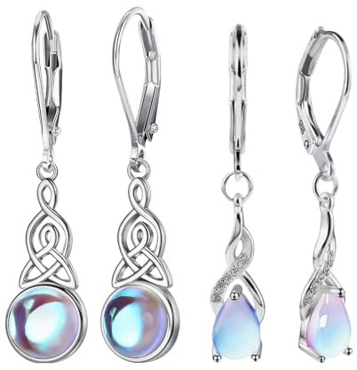 VARKAGE 2 Paar Ohrringe Silber 925 Hängend, Modische Mondstein Ohrhänger Silber 925 mit Anhänger, Damenohrringe