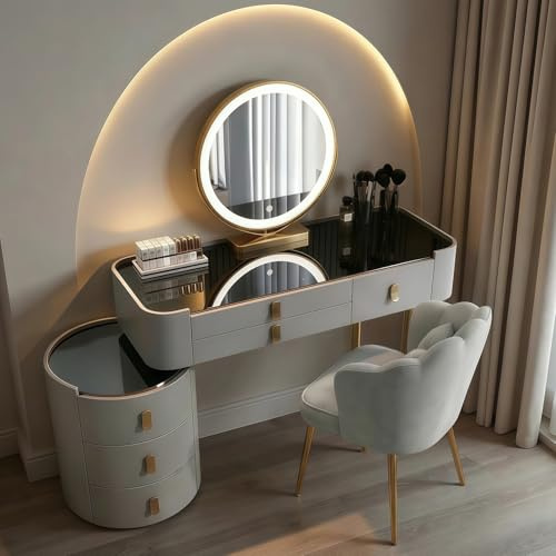 AMZSEW Dressing Table Set with Adjustable 3 Color LED Lights- Glass Top Vanity Table Makeup Desk Included Petal Chair with 6 Storage Drawer Bedroom Dressing Tables for Girls (GRAY39.4)