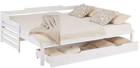 Homestyle4u Tagesbett ausziehbar Holzbett 90x200 mit Lattenrost 2 Matratzen Ausziehbett gleiche Höhe Stauraum Bettkasten