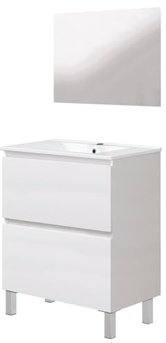 ONDÉE, Mobile da bagno da terra, 2 cassetti con chiusura graduale - Finitura bianca - Lavabo in ceramica bianca - Specchio rettangolare - Produzione europea -, 60 cm, Bianco, modello LILA