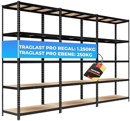 ALL Premium Schwerlastregal 3er-Set 200x100x50 cm Schwarz - 1250kg Traglast – Schwerlastregal Schwarz, vielseitiges Regal 100 cm breit, Regal 50 cm tief, ideal für Keller & Lager