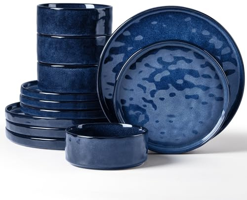 Herogo 12 Piece Dinner Set, Stoneware Dinnerware Sets for 4 People, Reactive Glaze Dining Plates and Bowls, Microwave and Dishwasher Safe, Chip and Scratch Resistant, Nebulas Blue