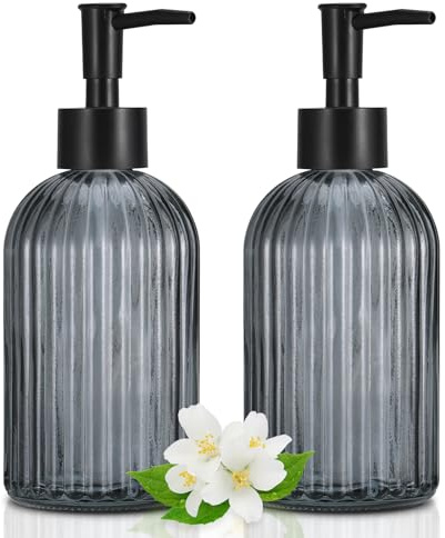 Hejo 2 Pcs 400ml Glass Soap Dispenser with Black Pump, Hand Wash Dispenser Bottle for Kitchen Bathroom Sink, Refillable for Liquid Soap, Lotion, Shampoo, Dish Wash (Transparent Black)