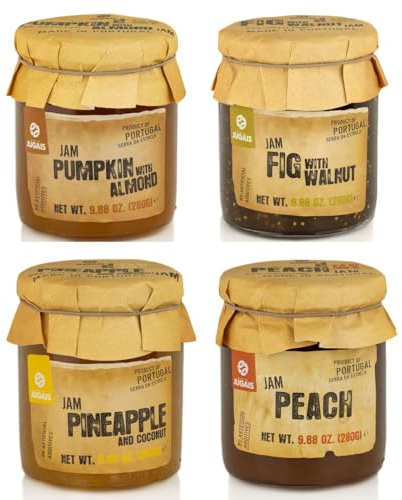 Marmeladen-Sortenauswahl - 4er Pack à 280 g Gläser - Einzigartige Geschmacksrichtungen: Kürbis & Mandel, Feige & Walnuss, Ananas & Kokosnuss, Pfirsich - Frei von künstlichen Inhaltsstoffen