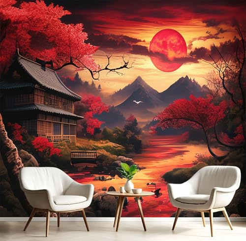 3D Carta Da Parati Alberi Ciliegio Fiore Case, 150Lx105A cm Sfondo Fotografica Grande Giappone Paesaggio Murale, Ristorante Soggiorno Tv Parete Camera Letto Decorazione Della Parete Murali, Rosso