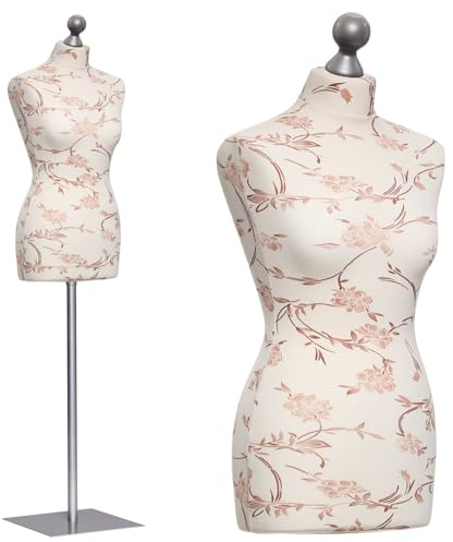 DummyDoll Schneiderpuppe weiblich Größe 40/42, Überzug Creme braune Blumen, Fuß Metallplatte + Knauf Silbergrau