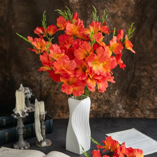 CCUUHJ Künstliche Gladiolen Blumen, Orange-Rot, 55 cm Länge, 6 Stück, Realistische Seidenblumen für Hochzeit und Dekoration,Herbstdekoration (Orange)