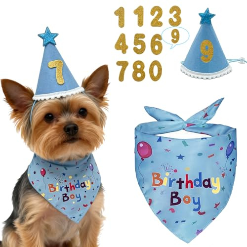 Hund Geburtstag Bandana Set, 3 Stücke Hunde Geburtstags Halstuch Mütze mit Bling Nummern, Niedliches Partyhüte Hunde Geburtstagsgeschenk, Geburtstag Deko für Kleine Mittelgroße Große Hund (Blau)
