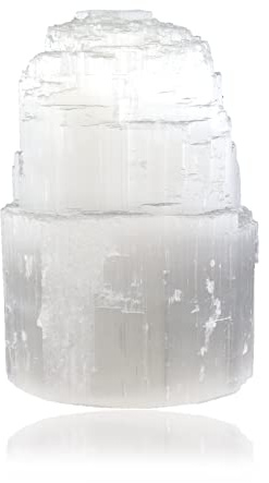 Budawi® Selenit Tower Kaskade Quellstein | Brunnenstein für Zimmerbrunnen | Naturstein mit 2 Bohrungen für Wasser & Licht | ca. 15 cm | dekorativer Edelstein Brunnenstein