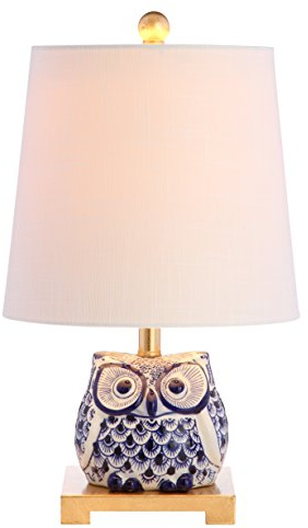 JONATHAN Y 16 Blue/White Ceramic Owl Mini Table Lamp for Bedroom or Office, Modern Farmhouse Nightstand Lamp with White Linen Shade, LED Bulb Included JYL3014A