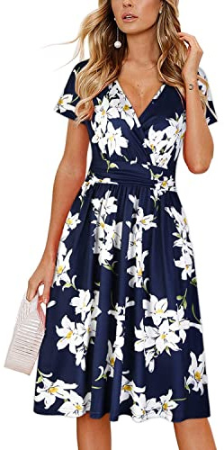 OUGES Women's Summer Midi Dress V-Neck Long/Short Sleeve Floral Ladies Fall Dress with Pockets